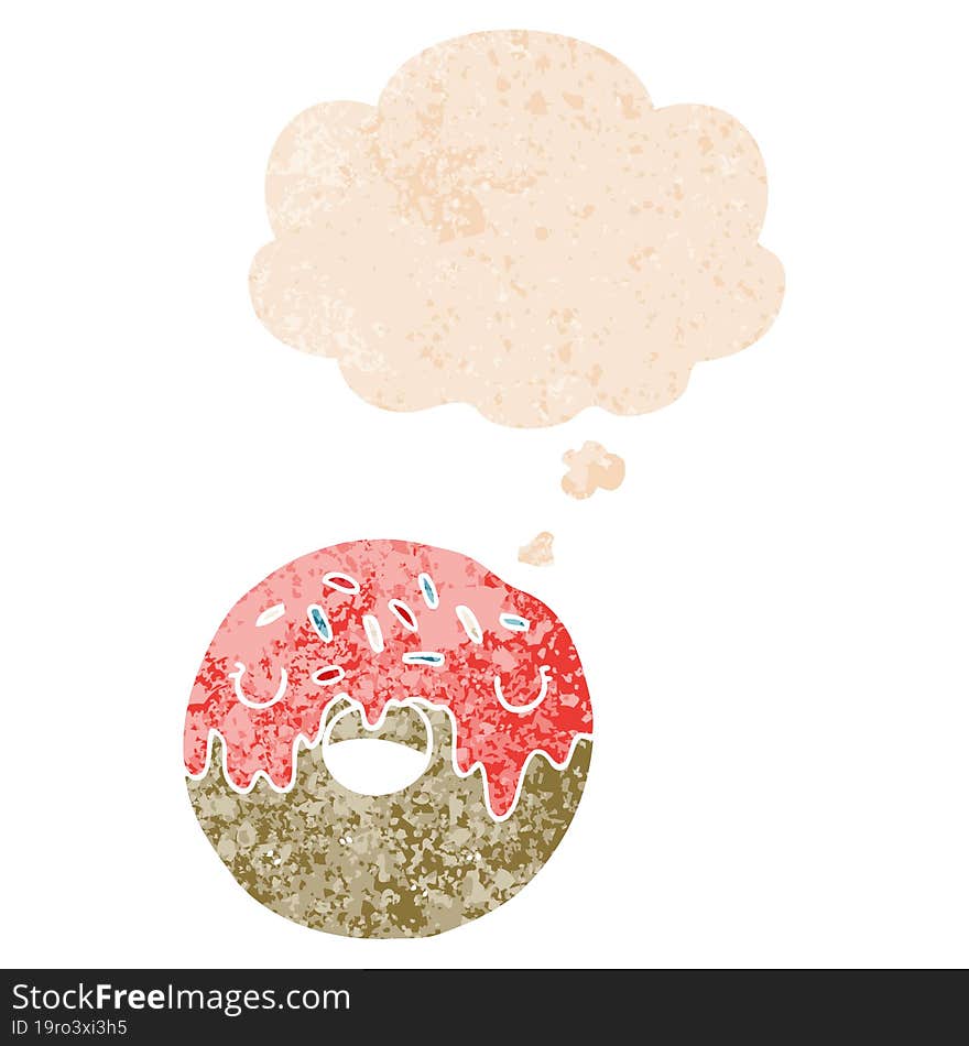 cartoon donut and thought bubble in retro textured style