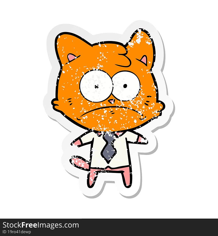 distressed sticker of a cartoon nervous business cat