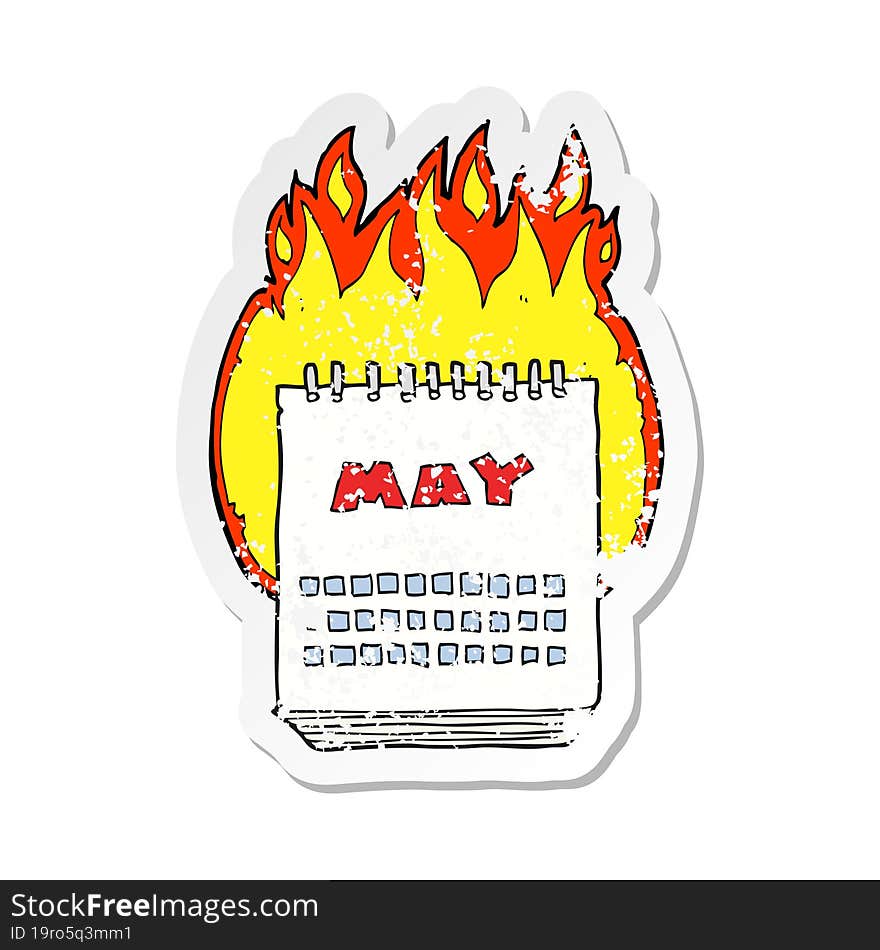 retro distressed sticker of a cartoon calendar showing month of may