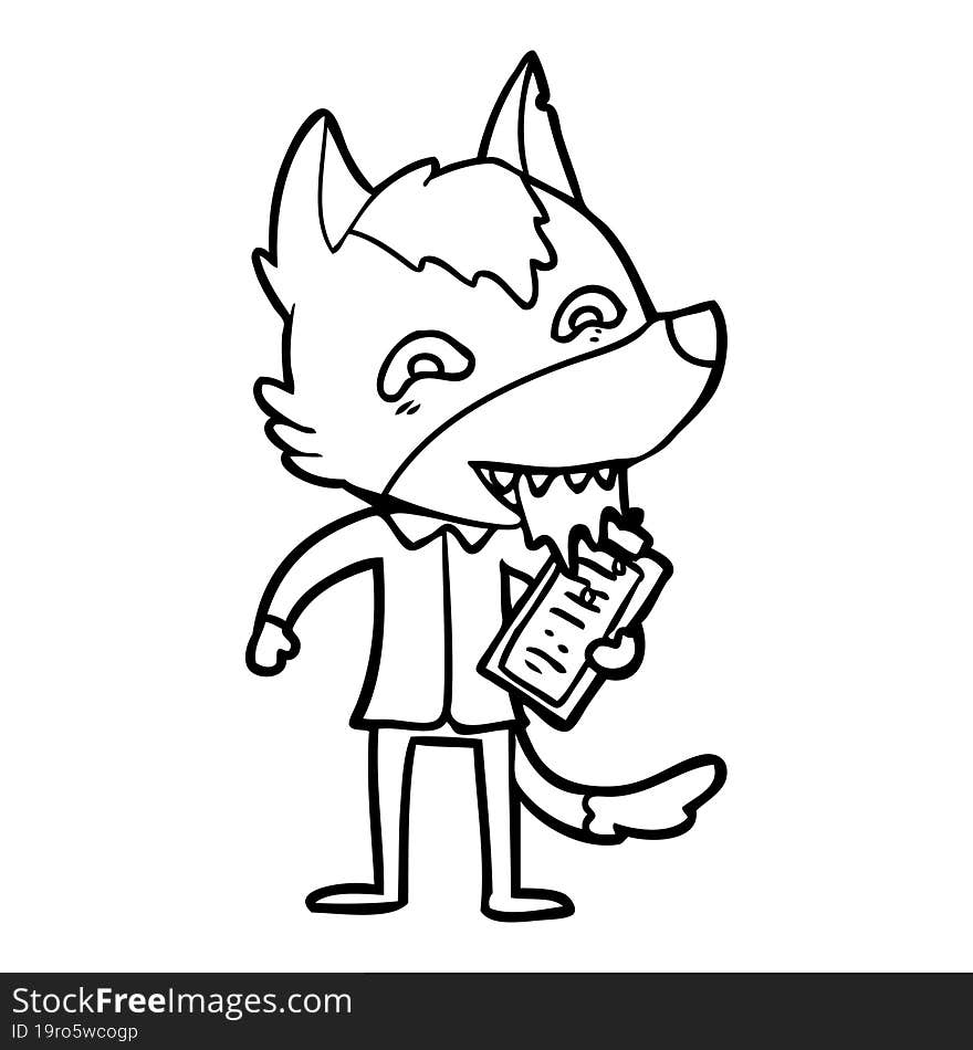 cartoon hungry wolf with clip board. cartoon hungry wolf with clip board