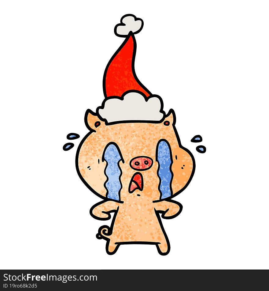 crying pig textured cartoon of a wearing santa hat