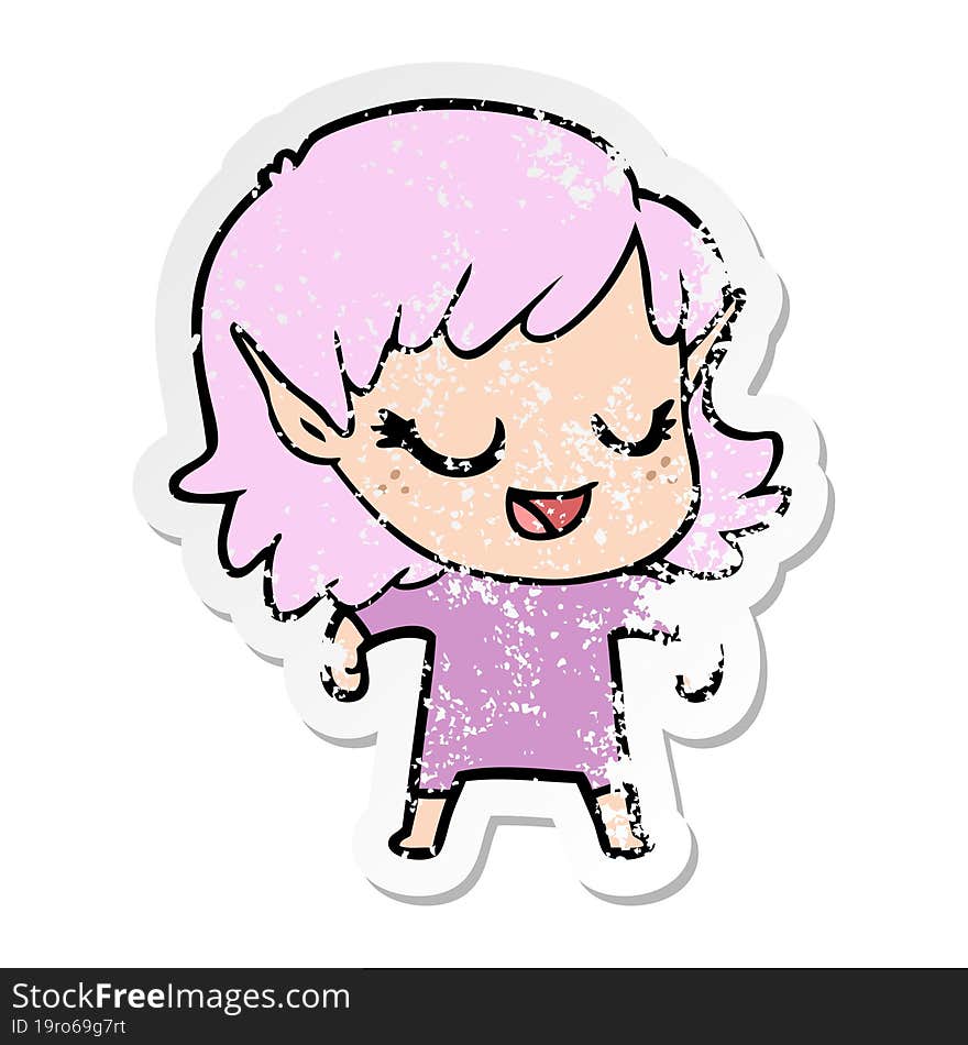 distressed sticker of a happy cartoon elf girl