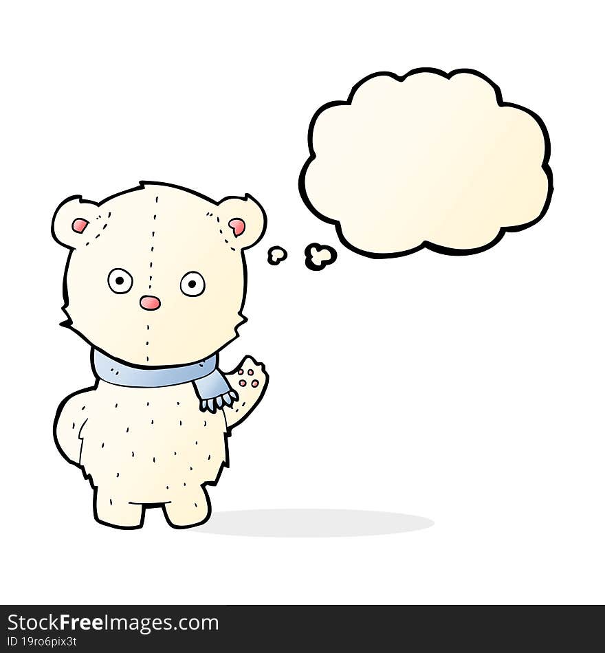 cartoon waving polar bear cub with thought bubble