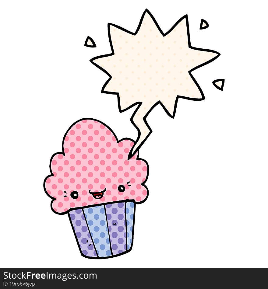 cartoon cupcake with face with speech bubble in comic book style. cartoon cupcake with face with speech bubble in comic book style