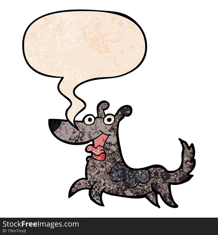 happy dog cartoon with speech bubble in retro texture style