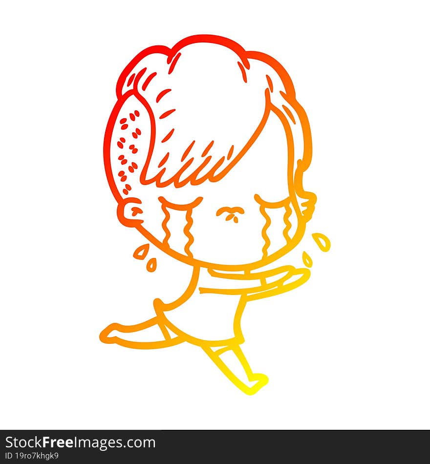 warm gradient line drawing cartoon crying girl running away