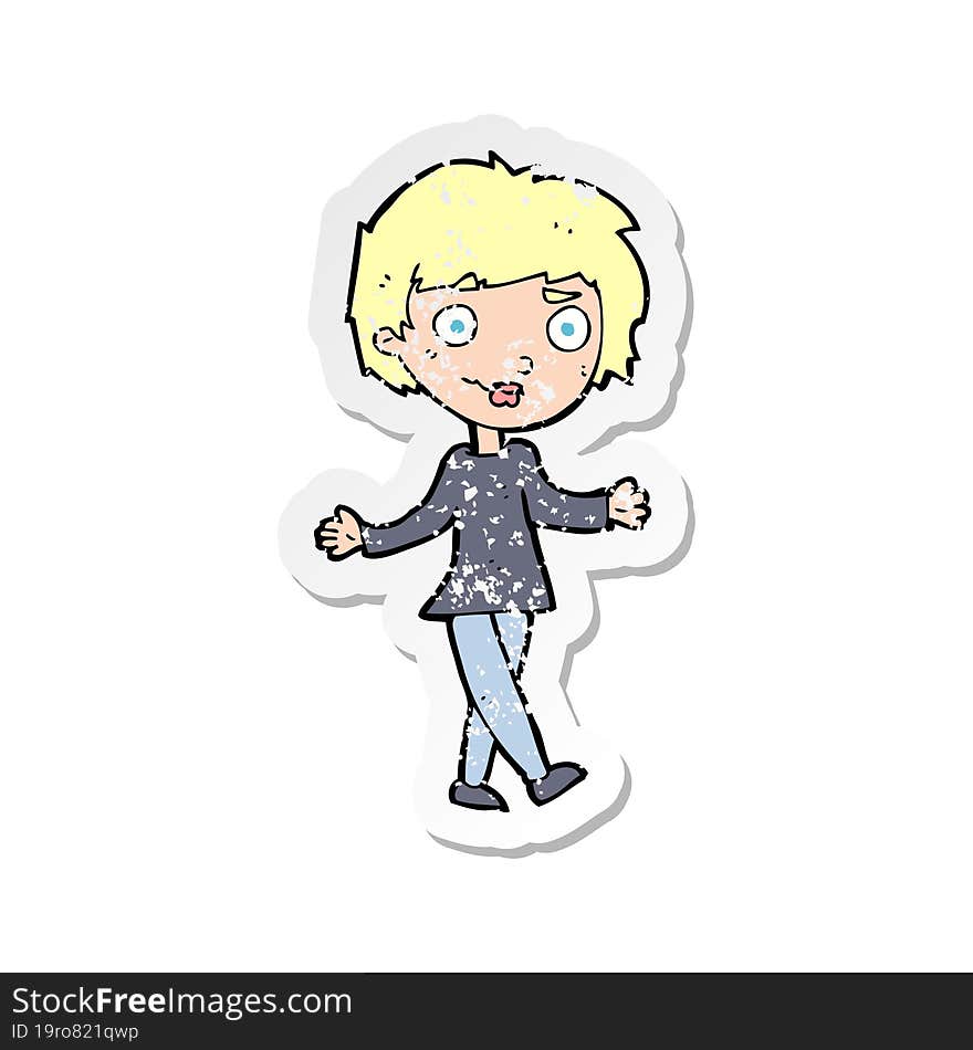 retro distressed sticker of a cartoon confused woman