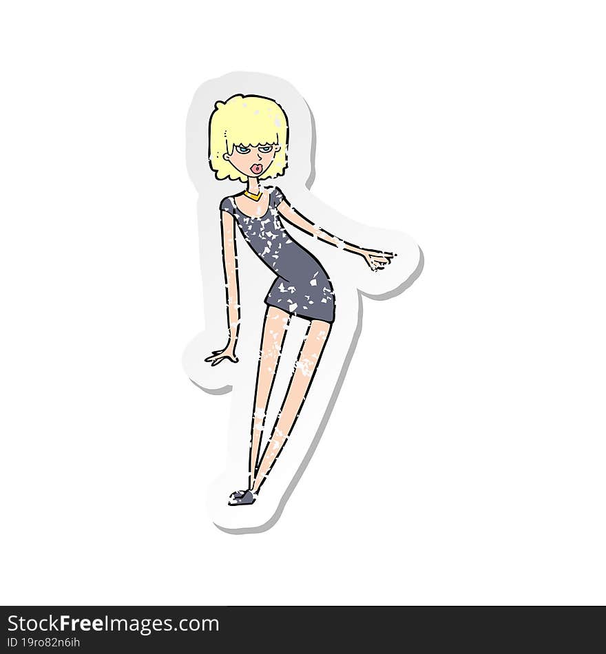 retro distressed sticker of a cartoon woman in dress leaning