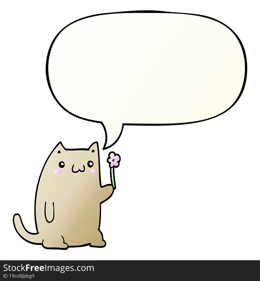 cute cartoon cat and flower and speech bubble in smooth gradient style