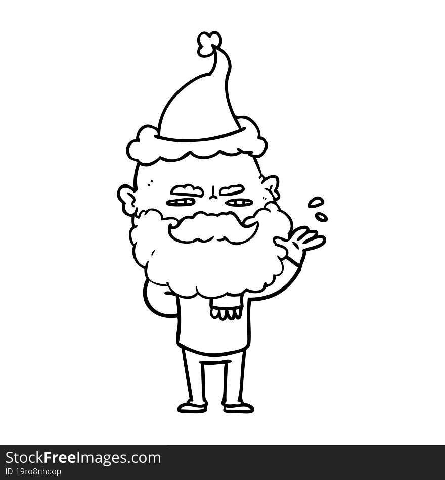 line drawing of a dismissive man with beard frowning wearing santa hat