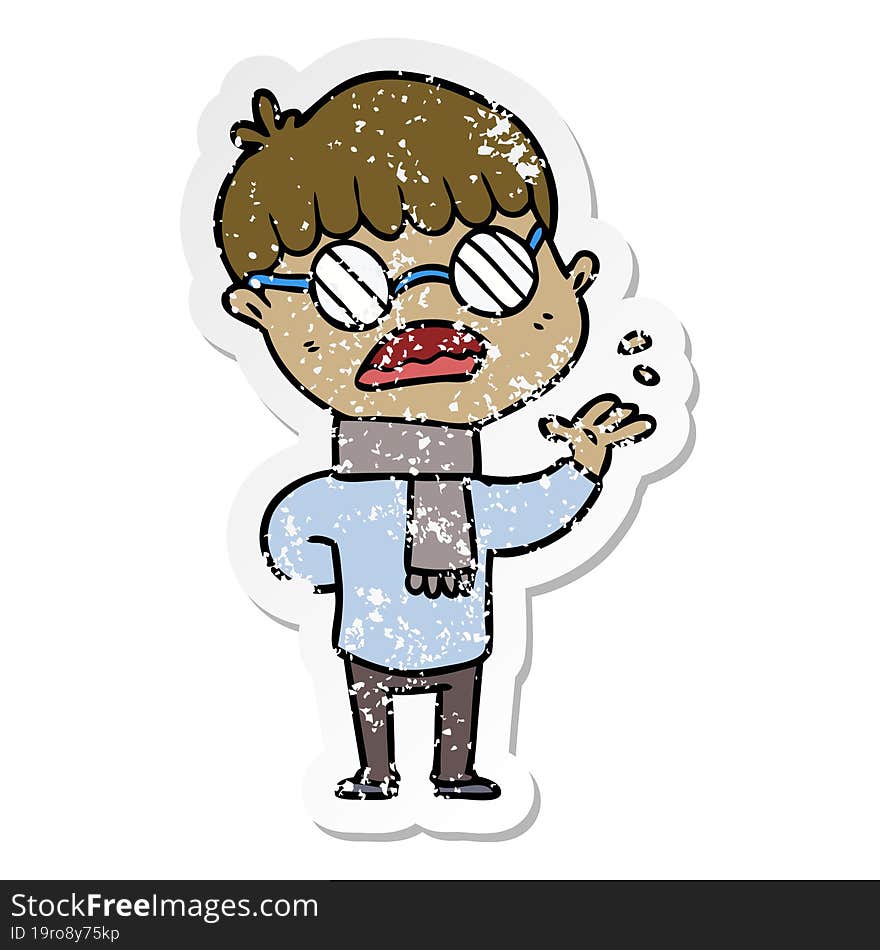 distressed sticker of a cartoon boy wearing spectacles