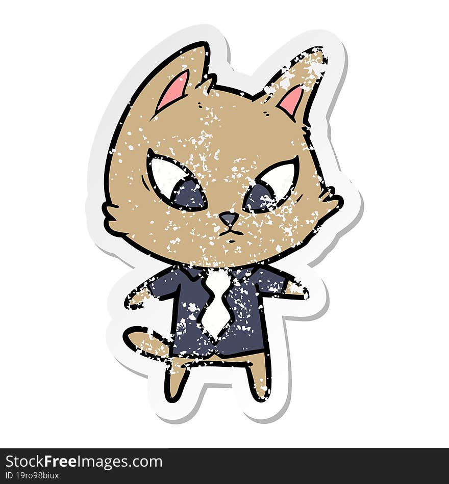 distressed sticker of a confused cartoon business cat