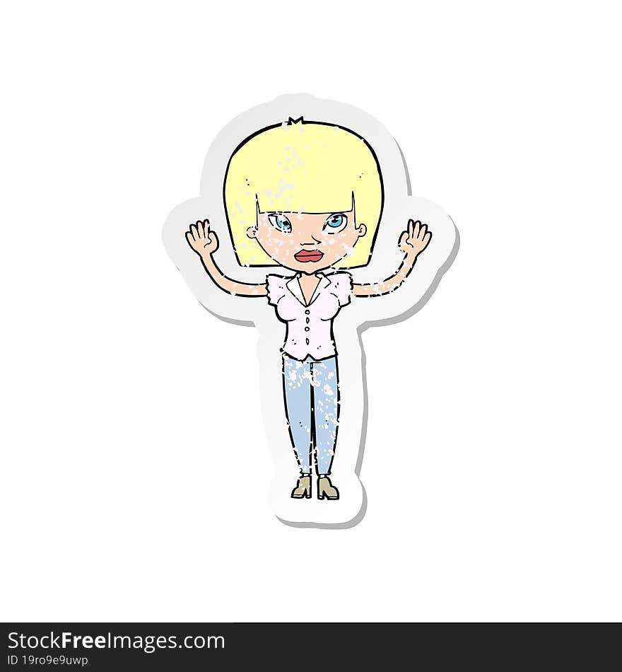 retro distressed sticker of a cartoon woman with raised hands