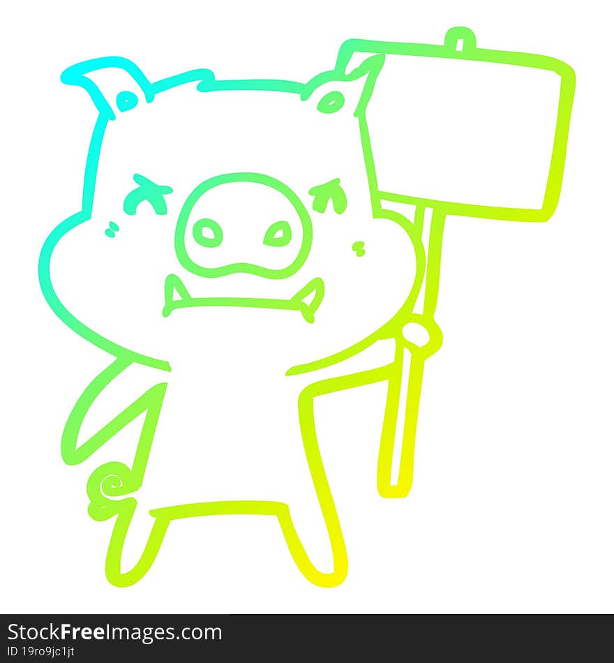 cold gradient line drawing of a angry cartoon pig protesting