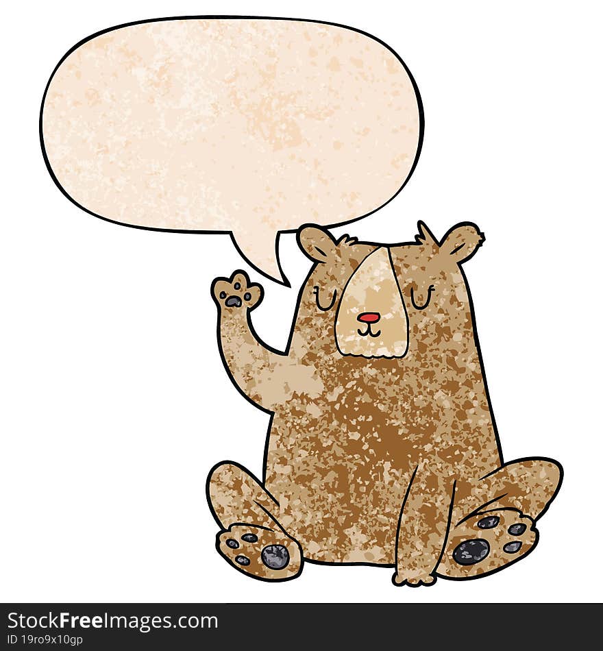 cartoon bear;waving and speech bubble in retro texture style