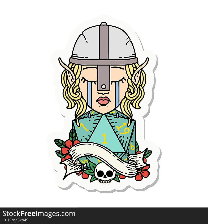 Crying Elf Fighter Character Face With Natural One D20 Roll Sticker