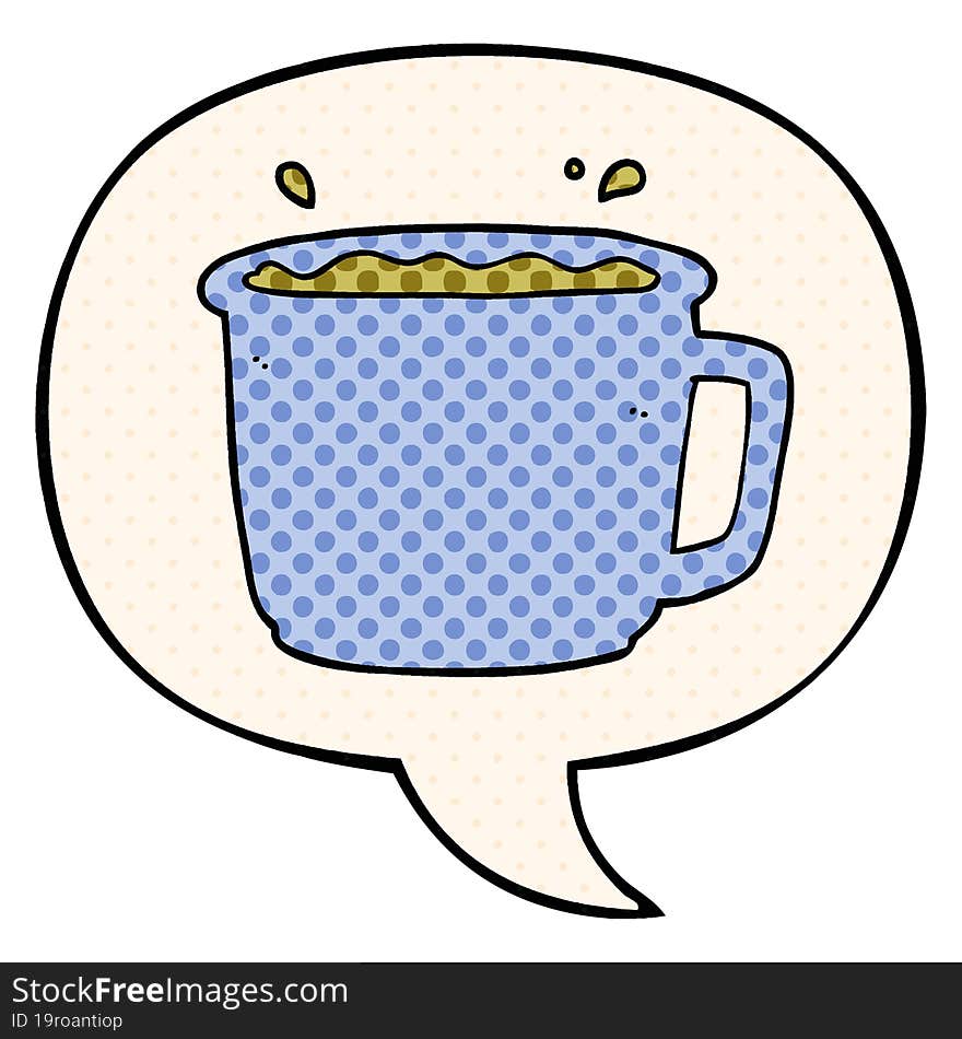 cartoon coffee cup with speech bubble in comic book style