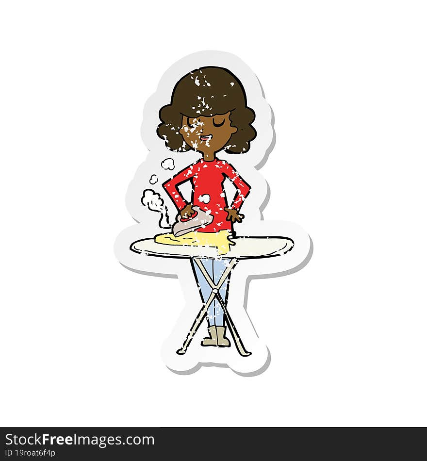 retro distressed sticker of a cartoon woman ironing