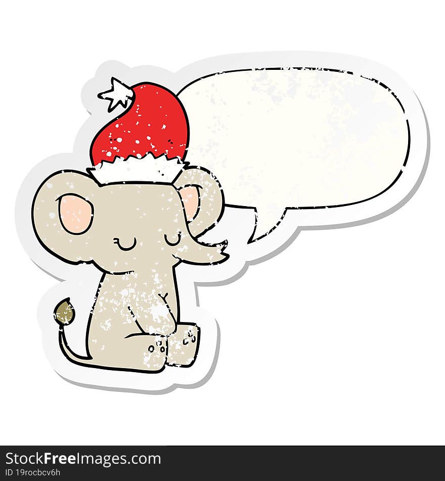 cute christmas elephant with speech bubble distressed distressed old sticker. cute christmas elephant with speech bubble distressed distressed old sticker