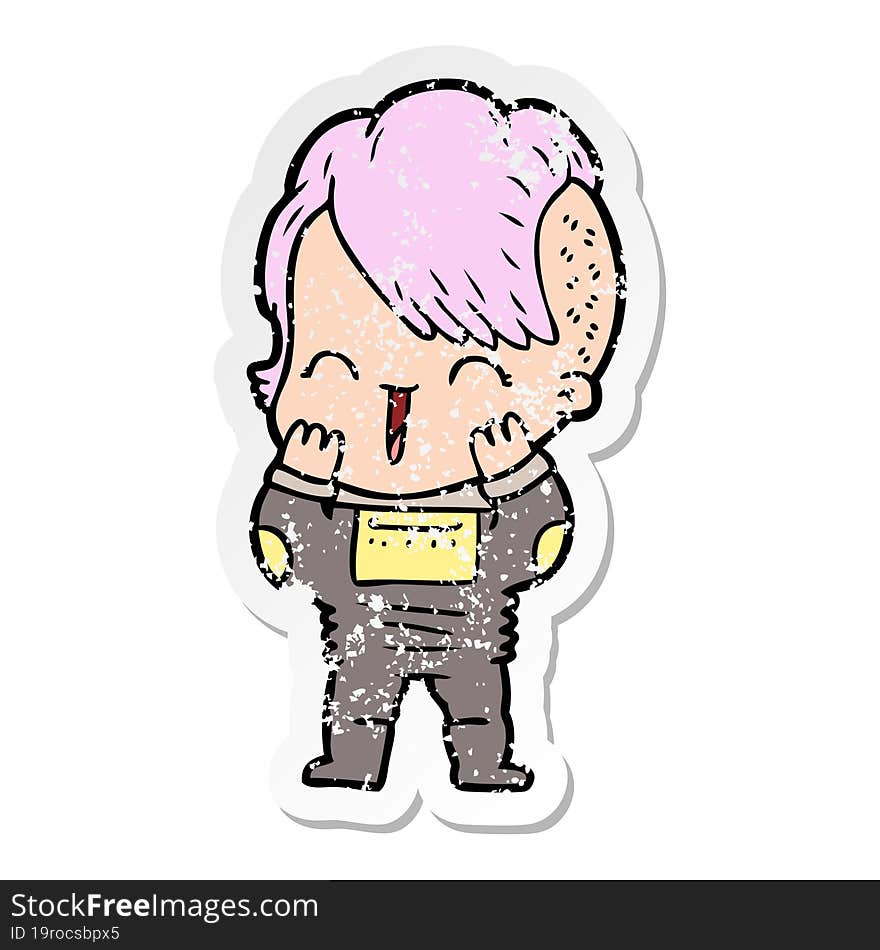 distressed sticker of a cartoon happy hipster girl wearing space suit