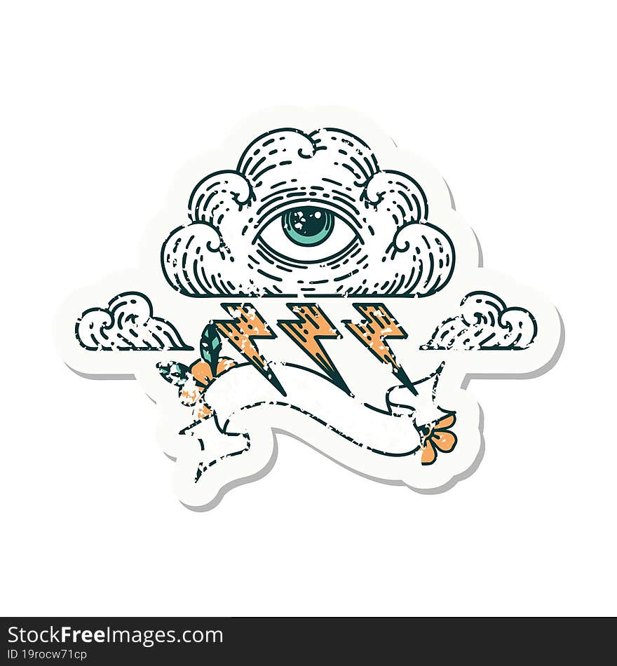 grunge sticker with banner of an all seeing eye cloud