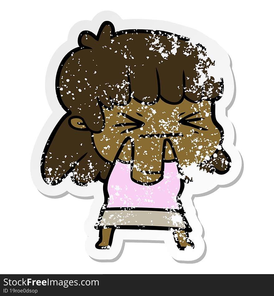 Distressed Sticker Of A Cartoon Angry Girl