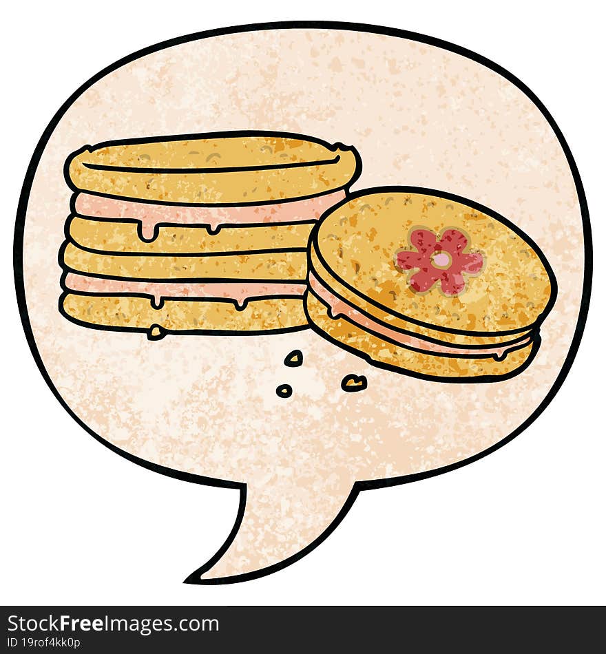 cartoon biscuit and speech bubble in retro texture style