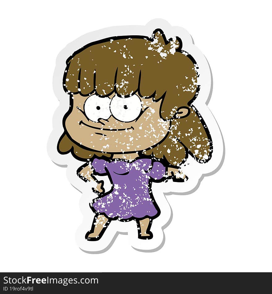 distressed sticker of a cartoon smiling woman