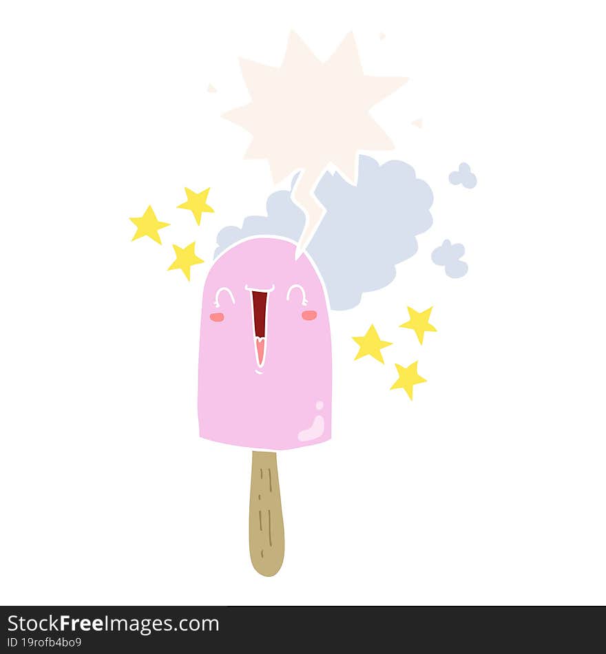 cute cartoon ice lolly and speech bubble in retro style