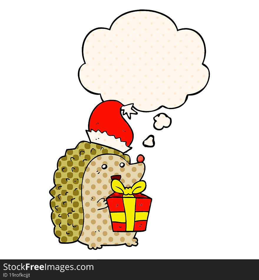 cartoon hedgehog wearing christmas hat and thought bubble in comic book style