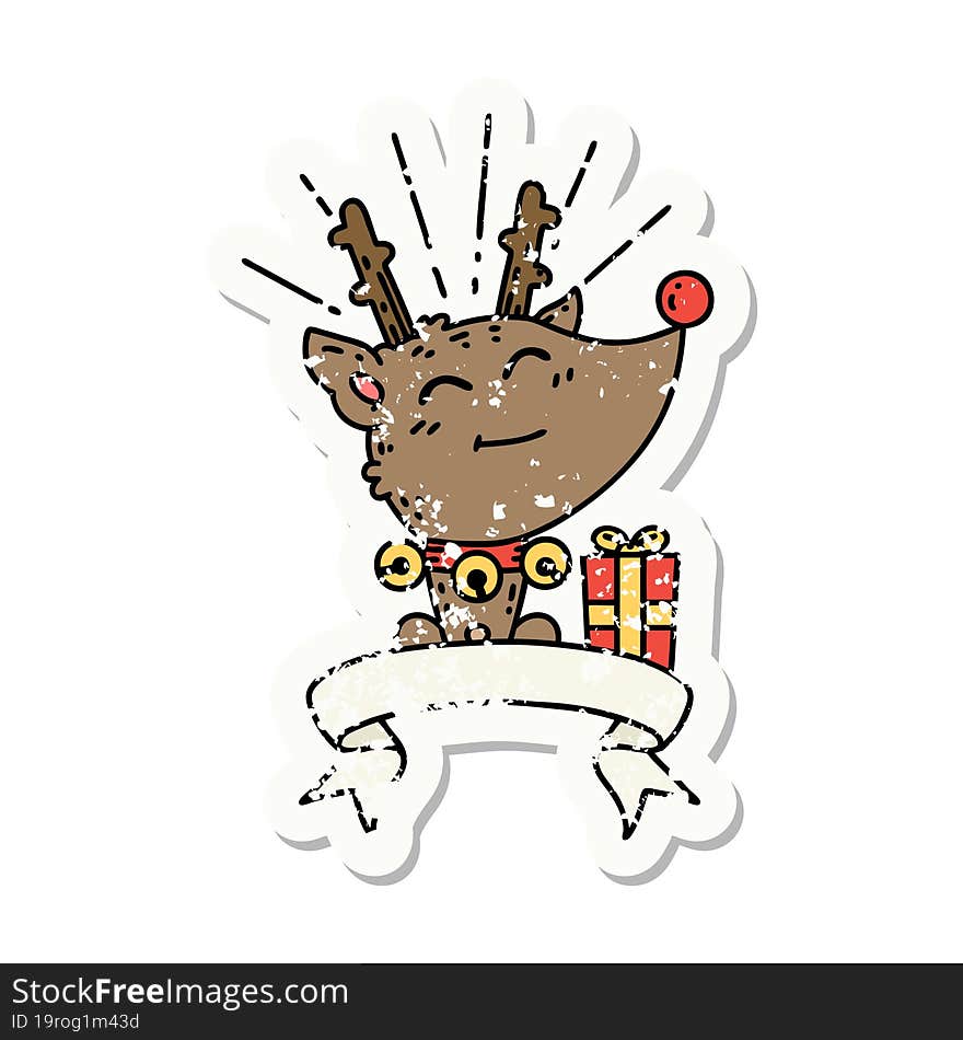 grunge sticker of tattoo style christmas reindeer with present