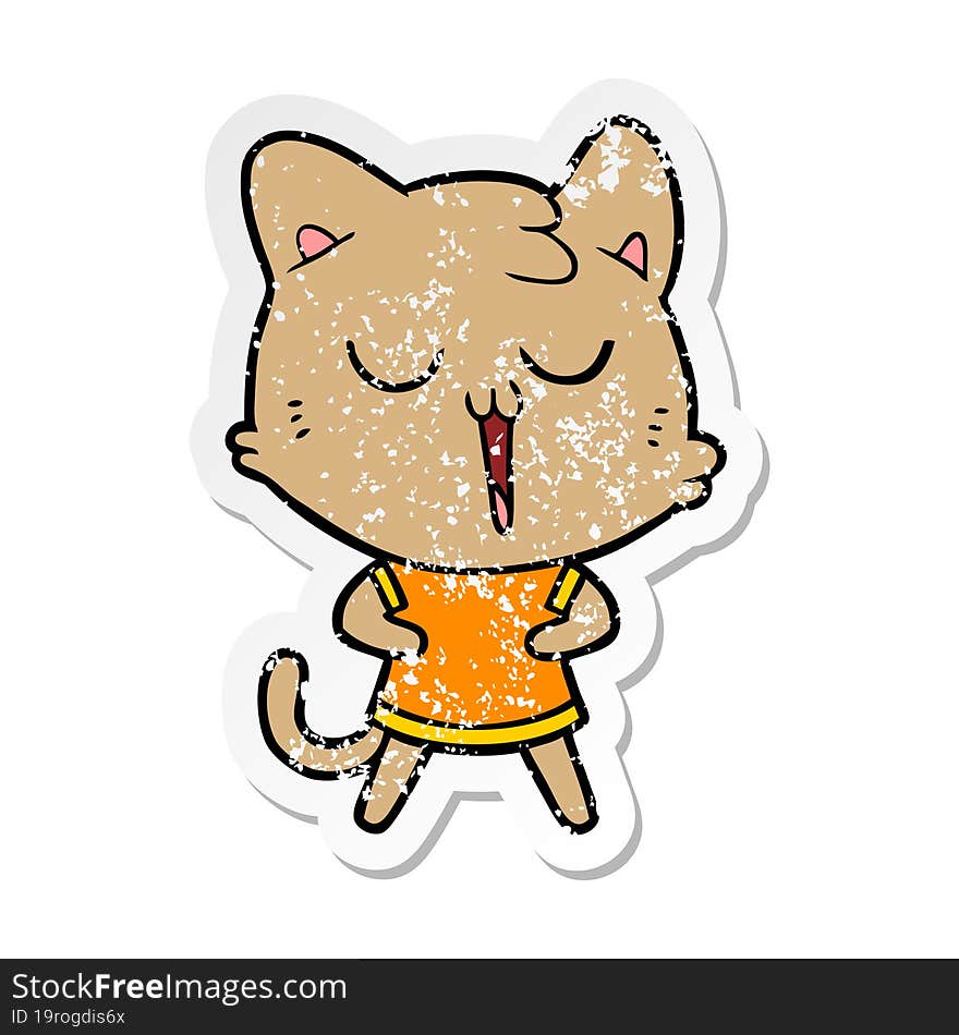 Distressed Sticker Of A Cartoon Cat Singing