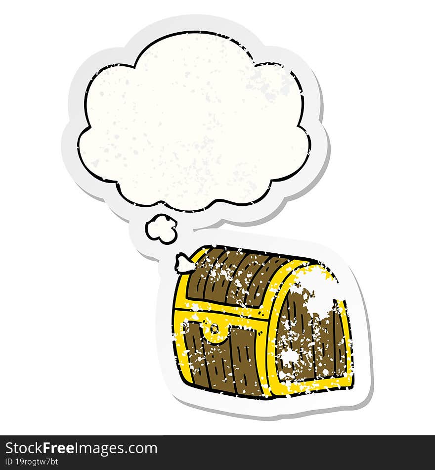 cartoon treasure chest and thought bubble as a distressed worn sticker