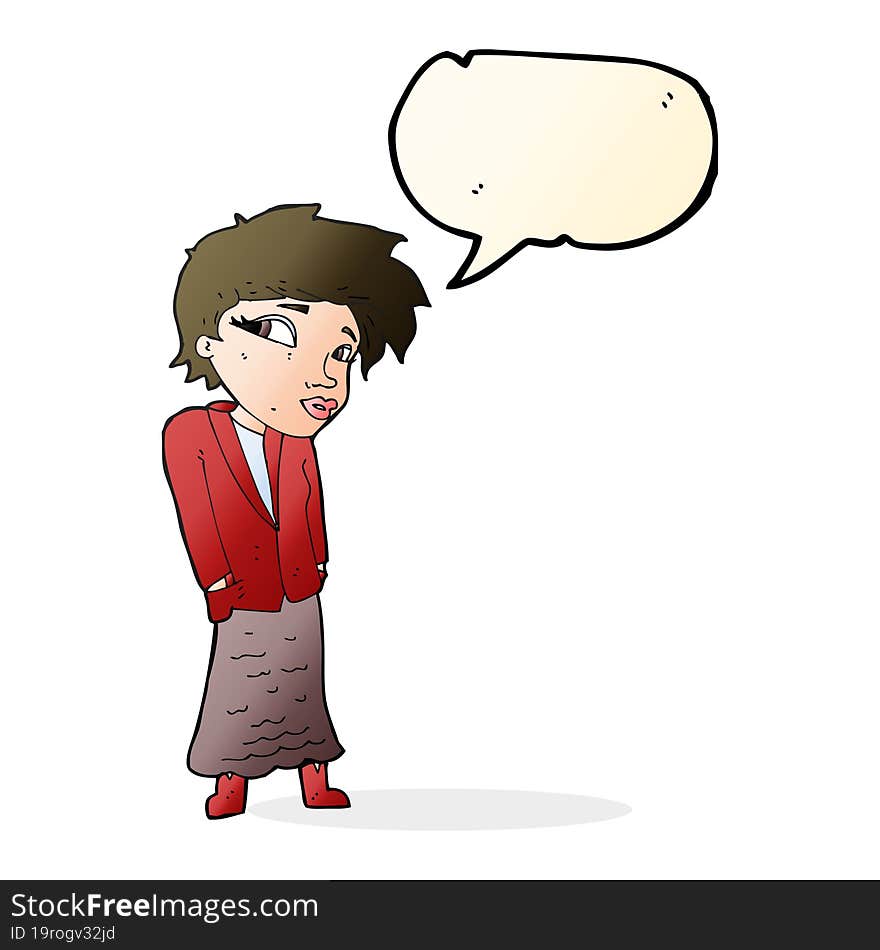 cartoon woman with hands in pockets with speech bubble