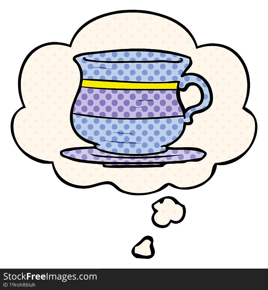 cartoon old tea cup with thought bubble in comic book style