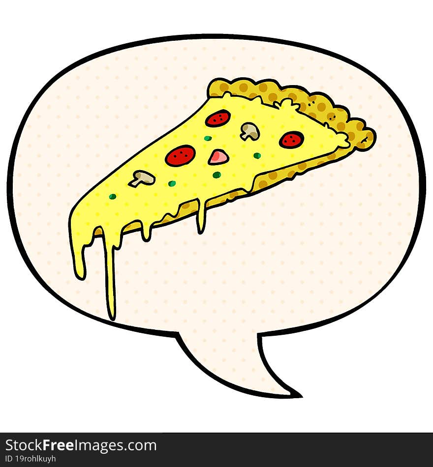 cartoon pizza slice and speech bubble in comic book style