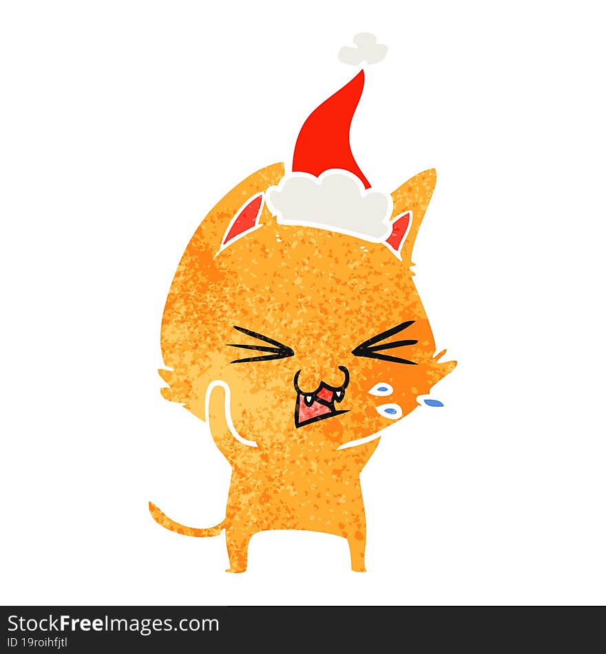 retro cartoon of a cat hissing wearing santa hat