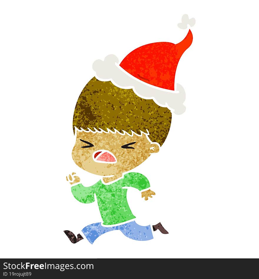 retro cartoon of a stressed man wearing santa hat