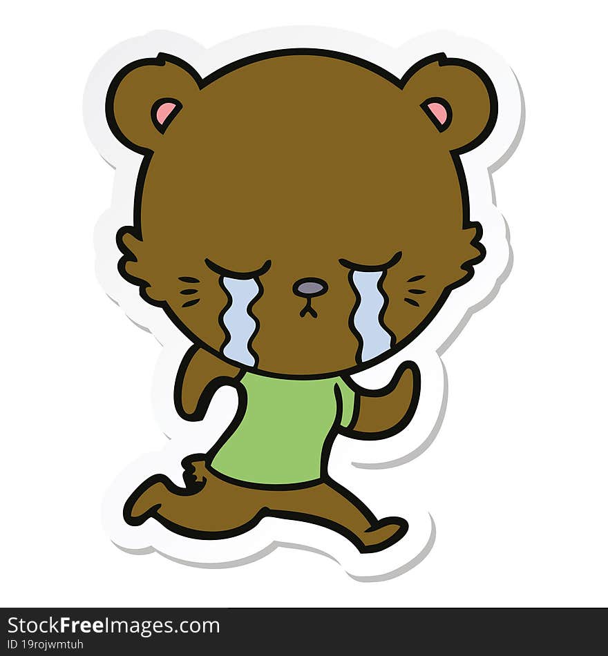 sticker of a crying cartoon bear running