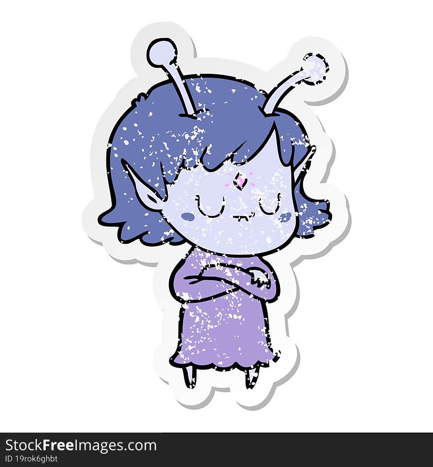 distressed sticker of a cartoon alien girl