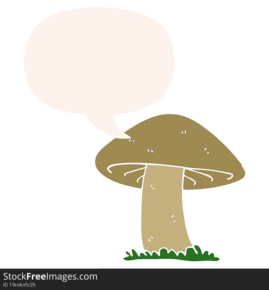 cartoon mushroom with speech bubble in retro style