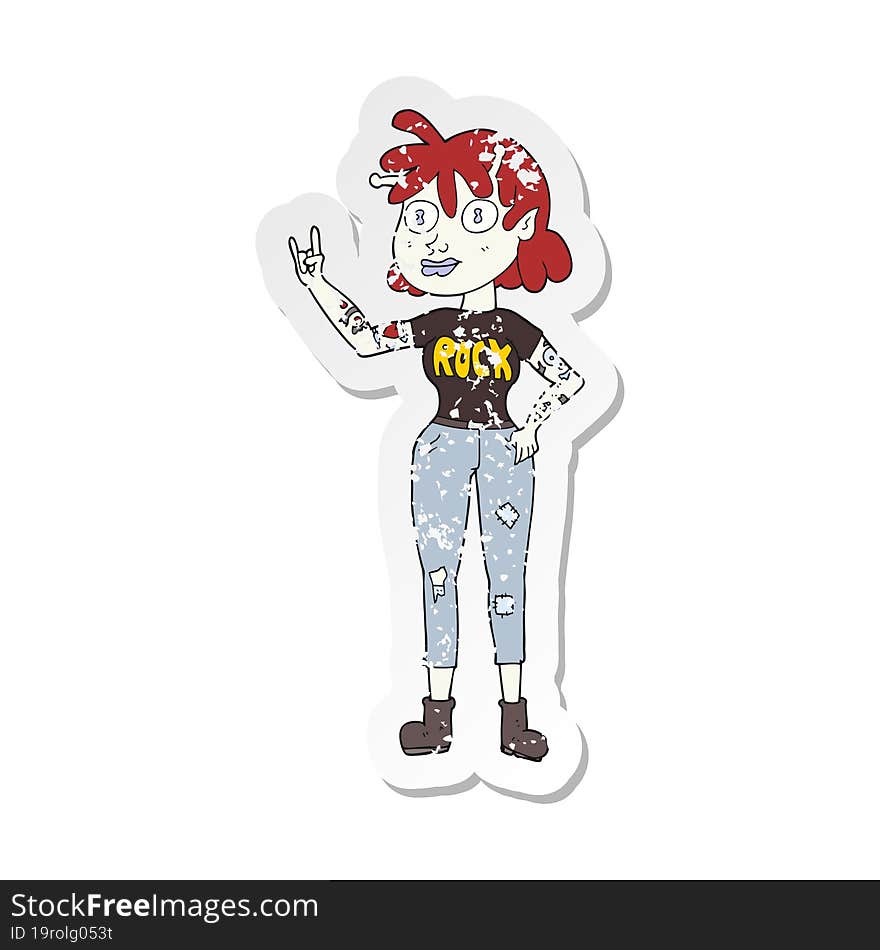 retro distressed sticker of a cartoon alien rock fan girl