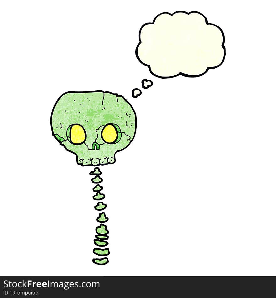 cartoon spooky skull and spine with thought bubble