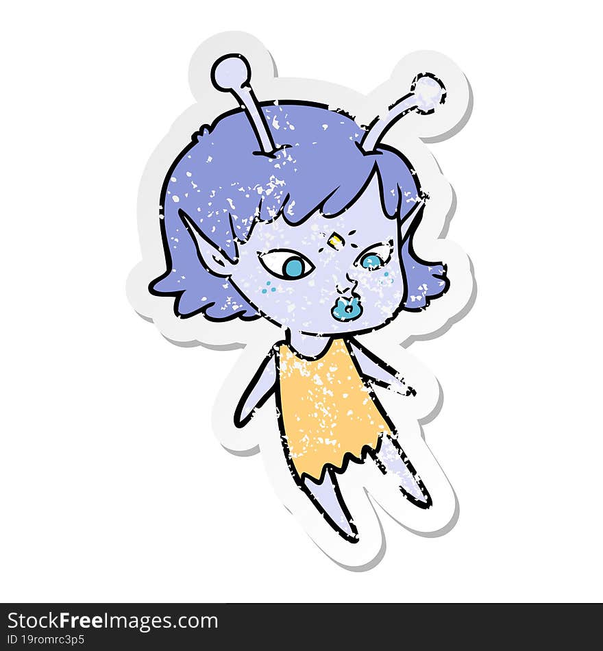 distressed sticker of a pretty cartoon alien girl