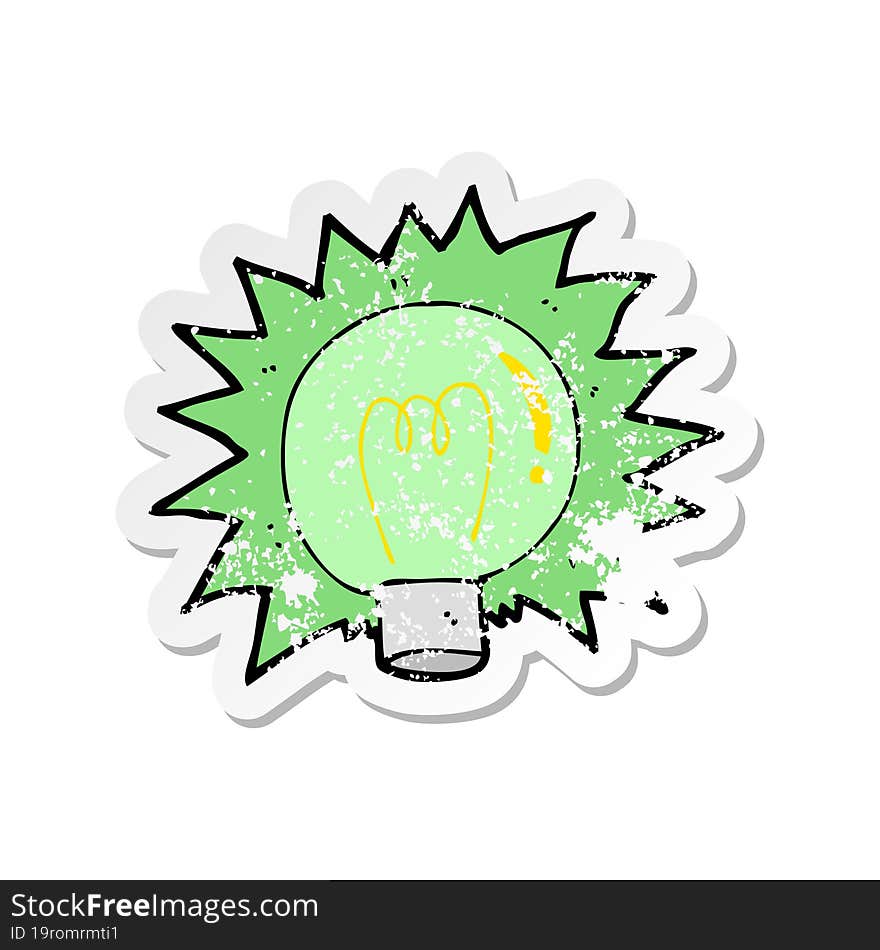 Retro Distressed Sticker Of A Cartoon Flashing Green Light Bulb