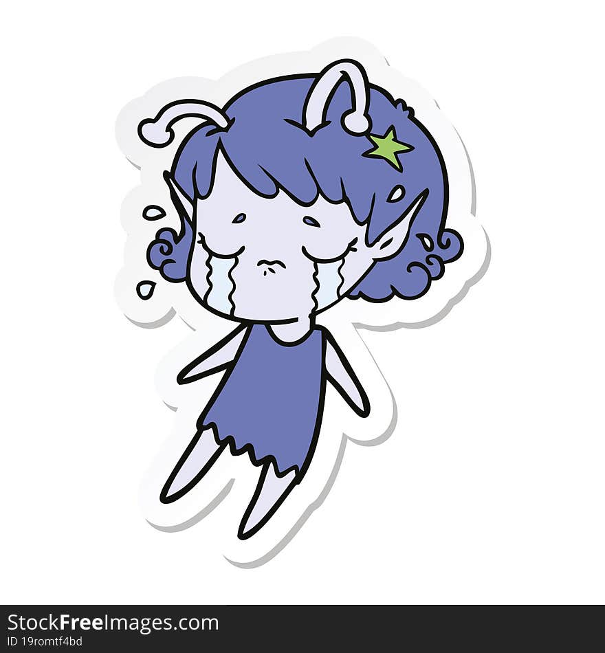 Sticker Of A Cartoon Crying Alien Girl