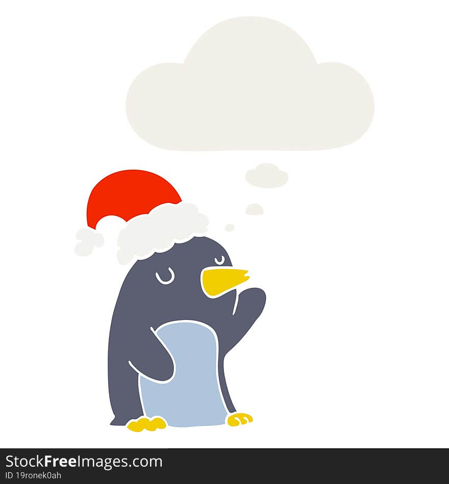 cute cartoon christmas penguin and thought bubble in retro style