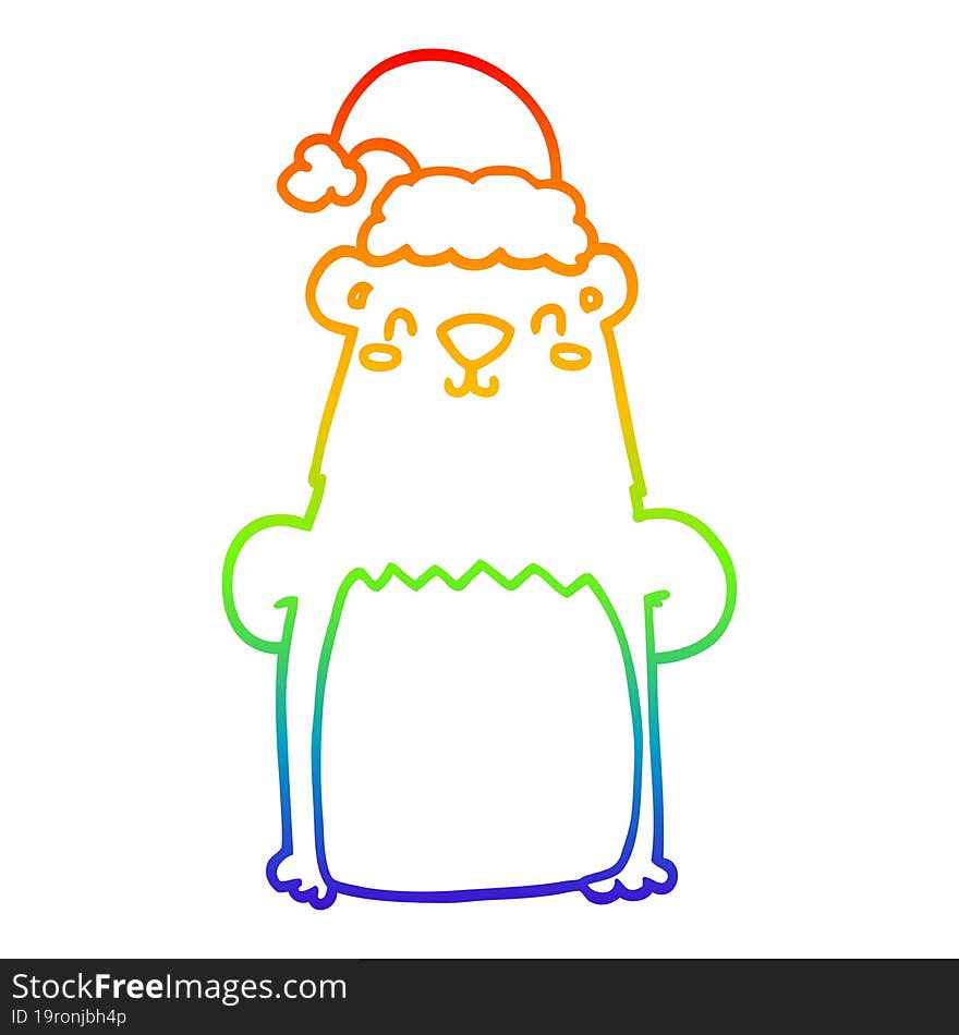 Rainbow Gradient Line Drawing Cartoon Bear Wearing Christmas Hat