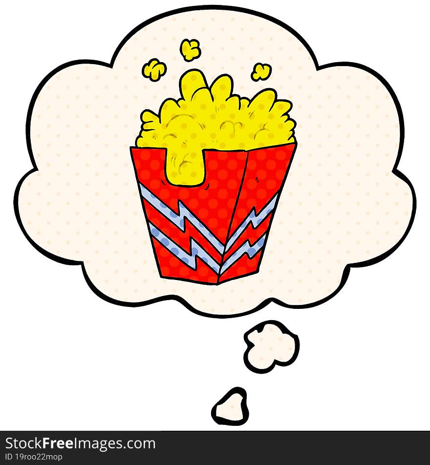 cartoon box of popcorn and thought bubble in comic book style