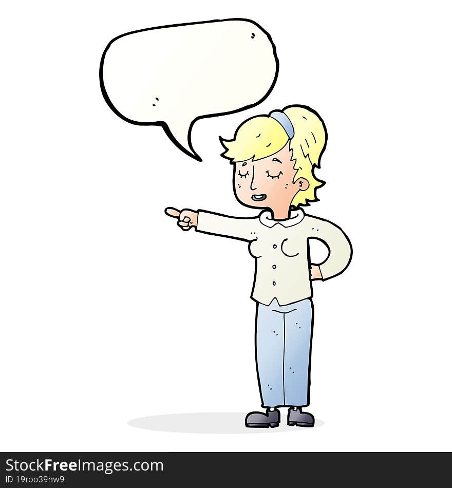 cartoon friendly woman pointing with speech bubble